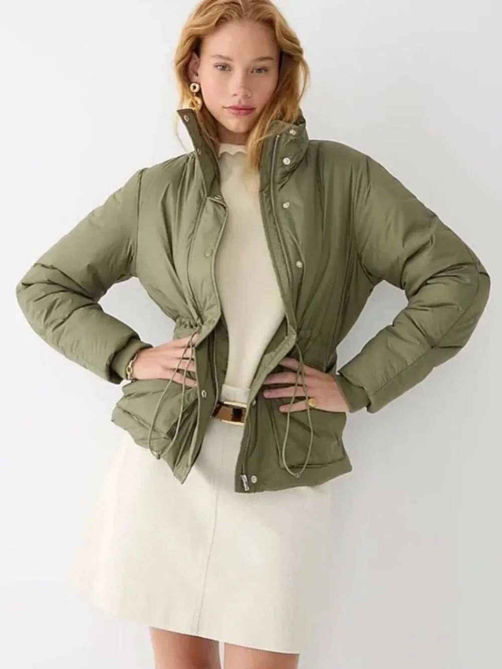 J. Crew Lightweight Cinched-Waist Puffer Jacket Rich Olive XXL #A3788